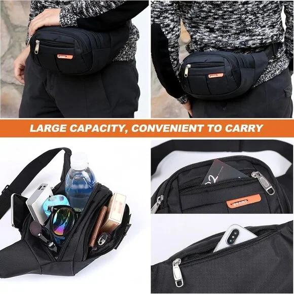 Fanny Pack,Black Belt Crossbody Bag for Men /women Waist Pack with 4 Zipper Pock - Picture 6 of 9